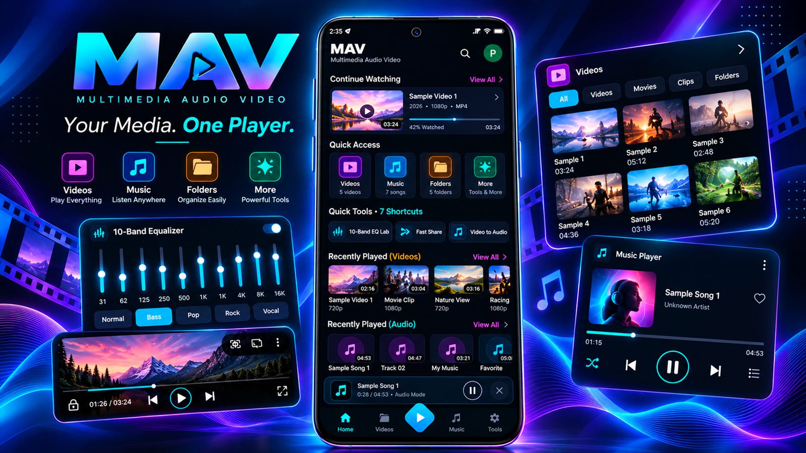 MAV home screen with continue watching, quick tools, a 10-band equalizer and the music player