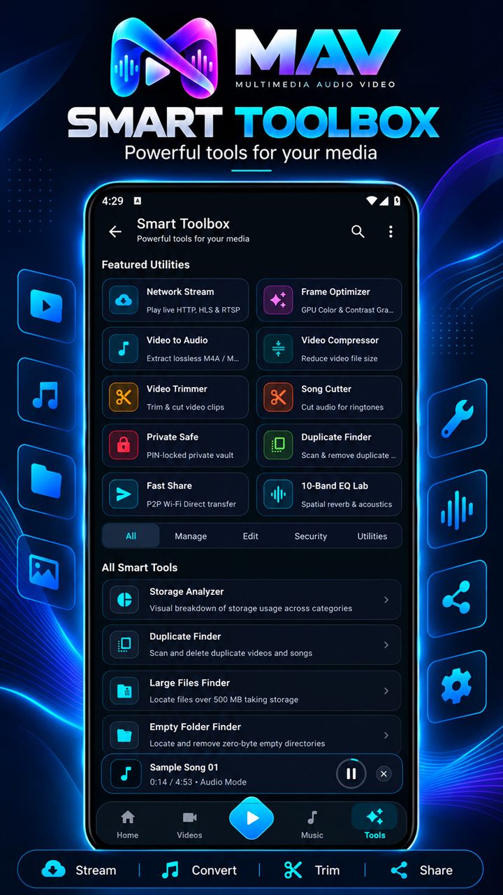 MAV Smart Toolbox screen listing media tools